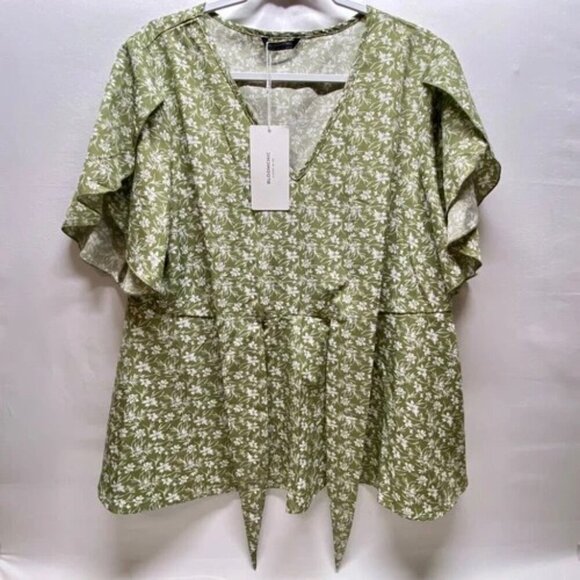 BloomChic Tie Front Floral V-Neck Blouse Women's Size 14-16 Sage Green Flowy NWT - Picture 4 of 12